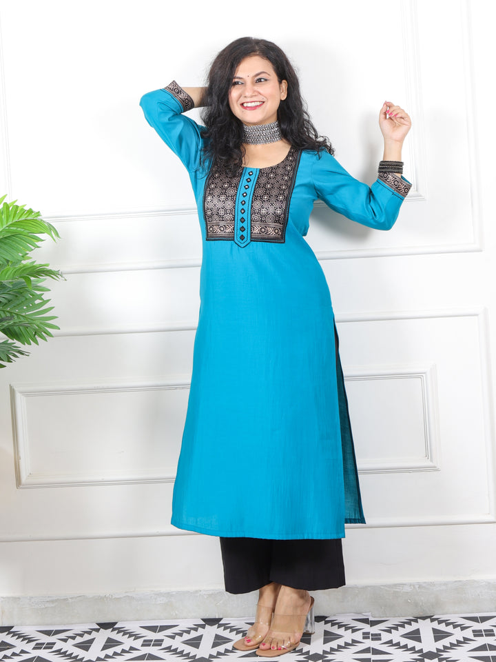 Rufsa Cyan Blue Mirror Work in Printed Mashru Patch Modal Kurti