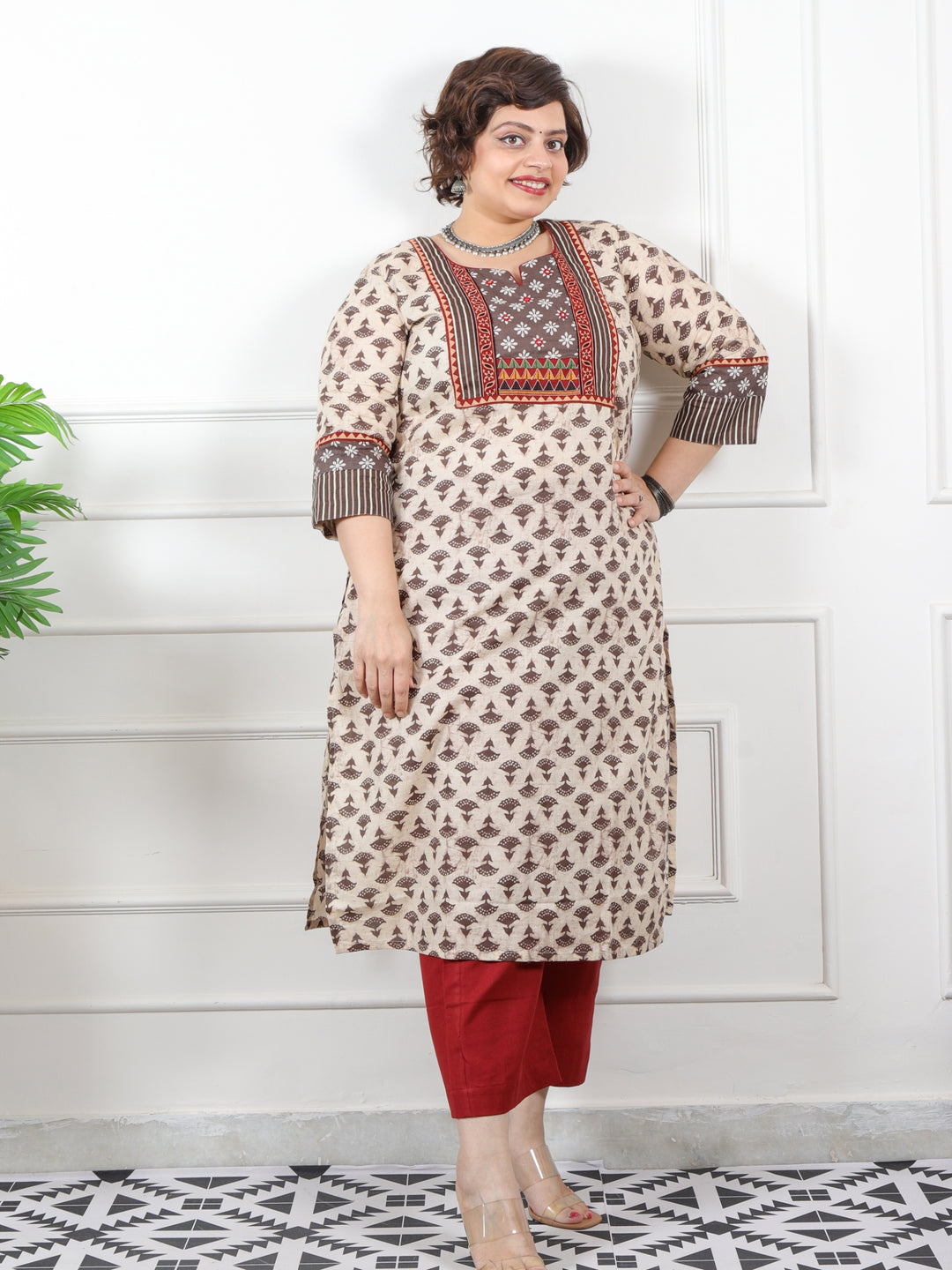 Ruhaniyaat Latte Beige Mirror with Kutch Fusion Work Cotton Kurti-D1