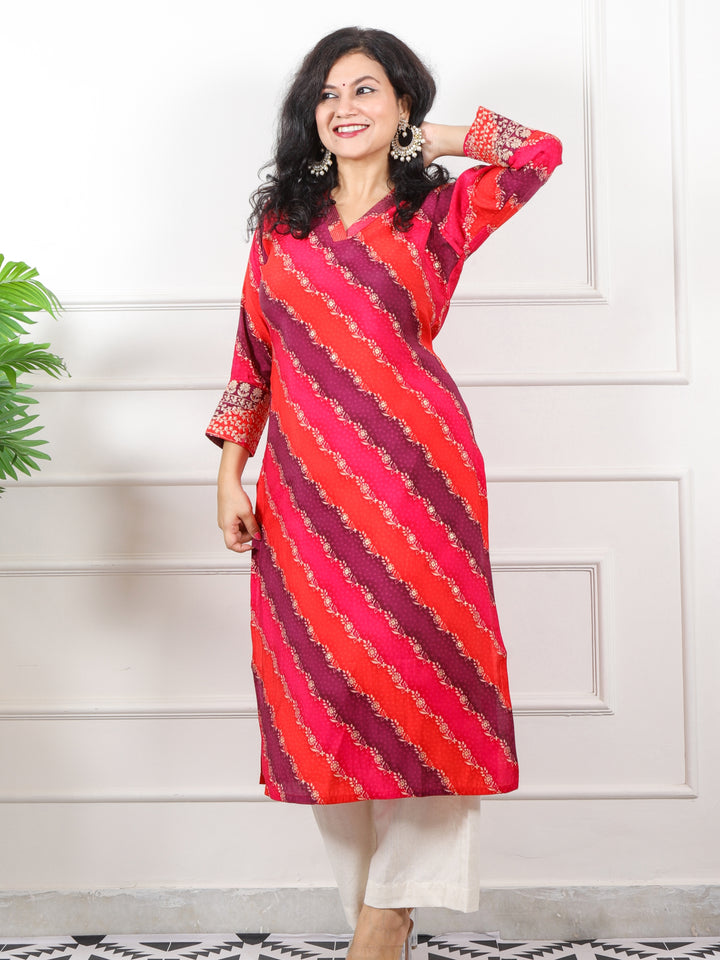 Zeenat Berry Red V Neck in Leheriya Printed Muslin Modal Kurti