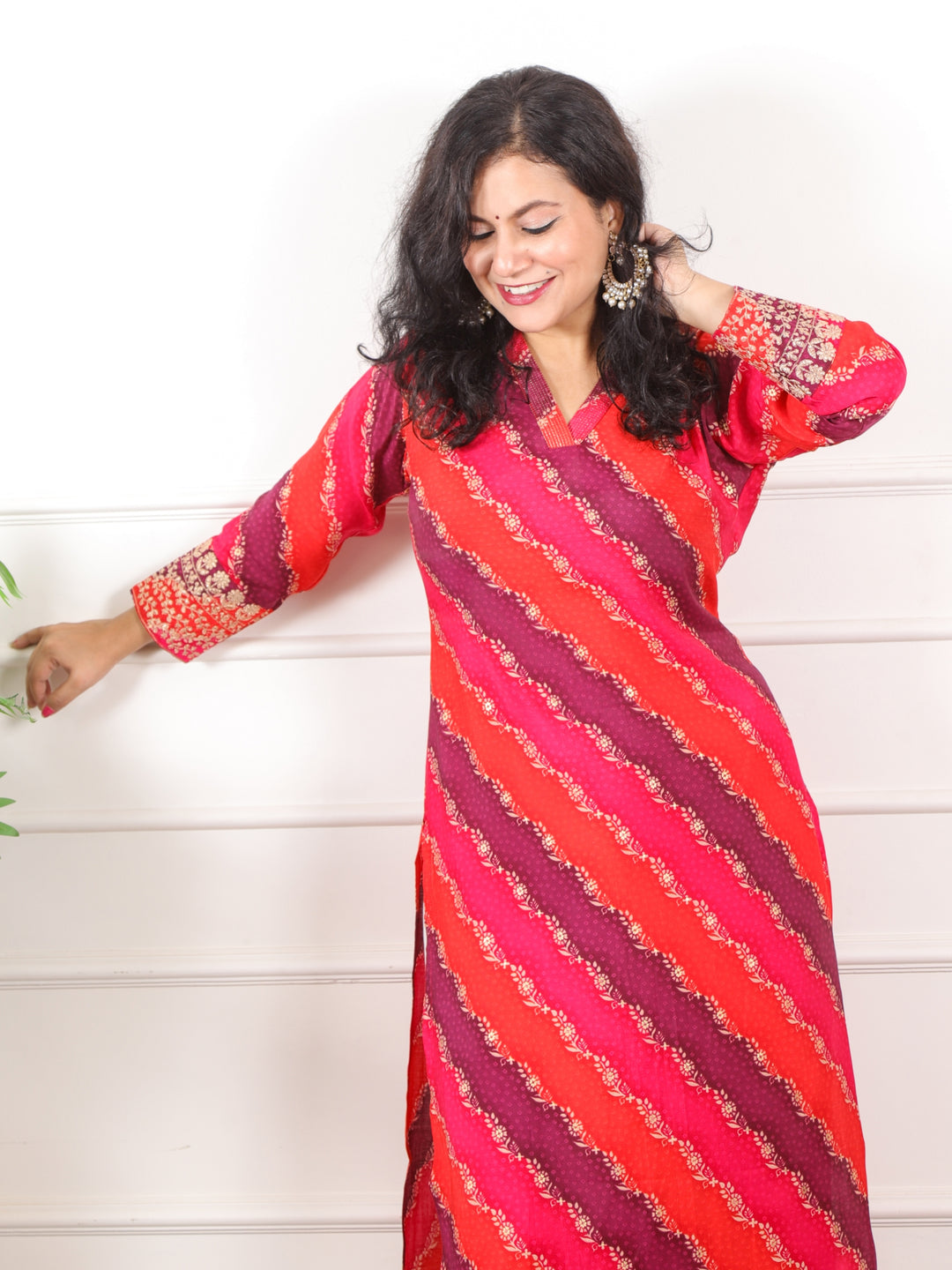 Zeenat Berry Red V Neck in Leheriya Printed Muslin Modal Kurti