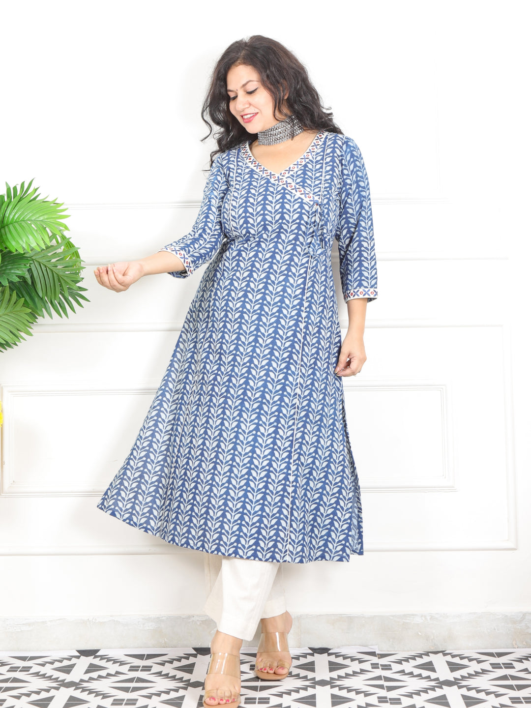 Mannat Sapp. Blue Lace with Angrakha Neck Dabu Printed Cotton Kurti