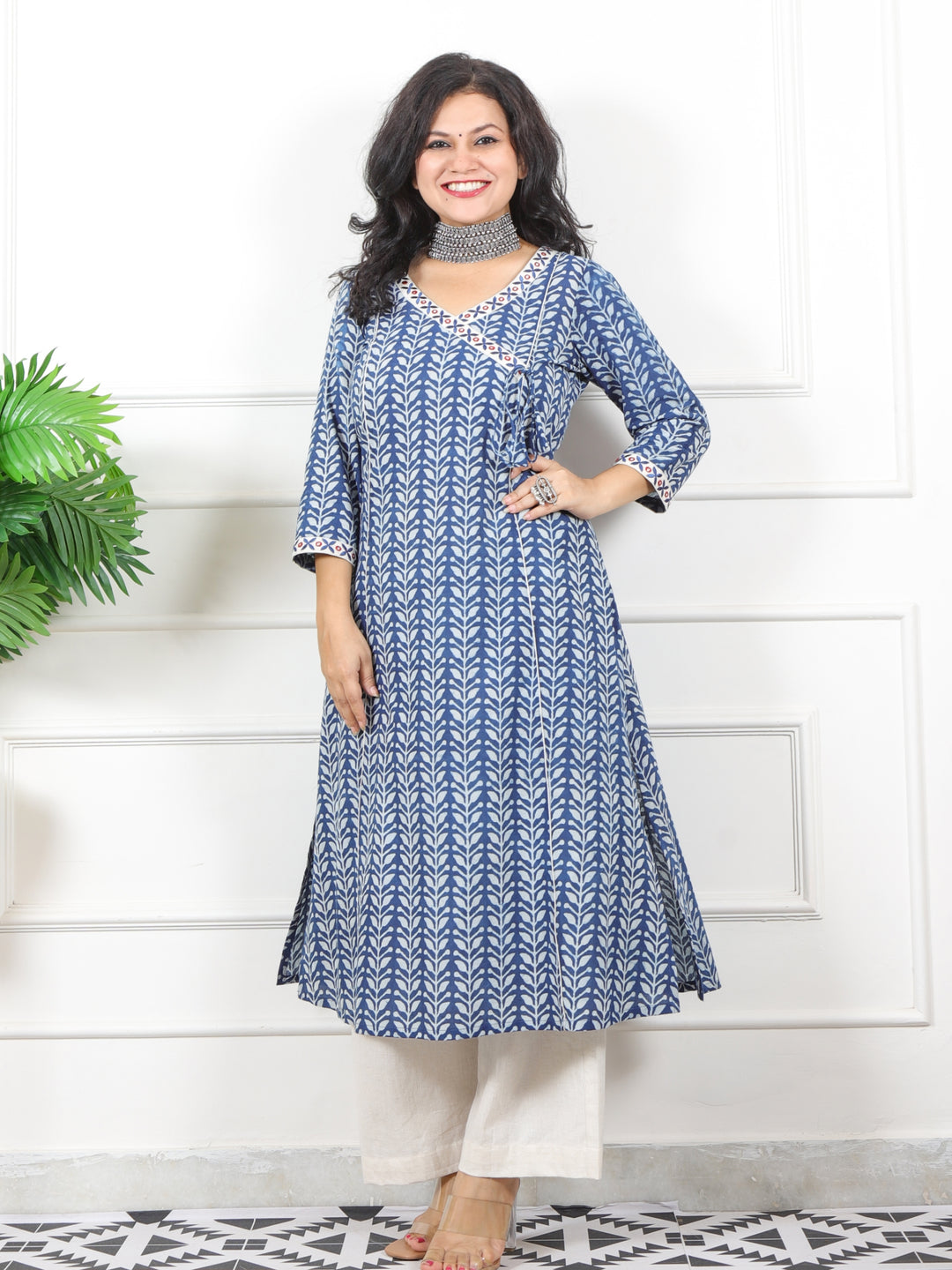 Mannat Sapp. Blue Lace with Angrakha Neck Dabu Printed Cotton Kurti