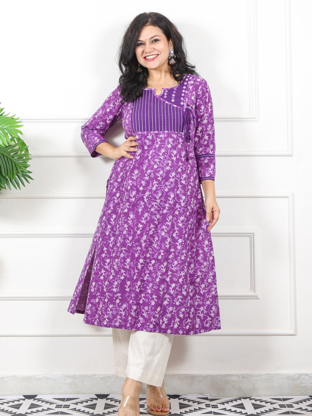 Mannat Velvet Purple Stipe Yock Patch Dabu Printed Angrakha Cotton Kurti