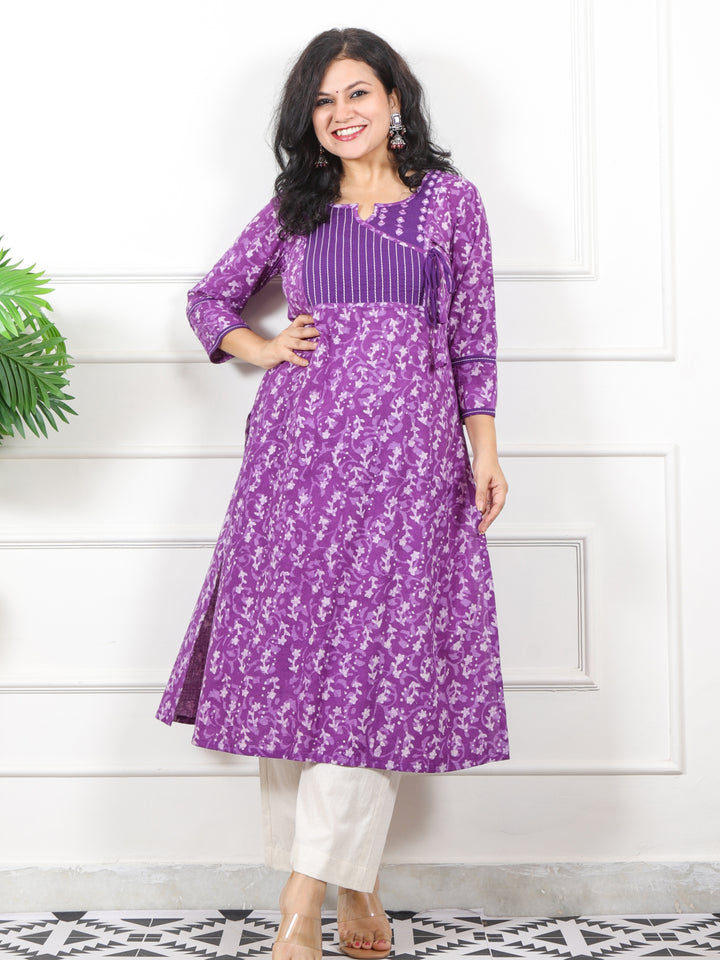 Mannat Velvet Purple Stipe Yock Patch Dabu Printed Angrakha Cotton Kurti