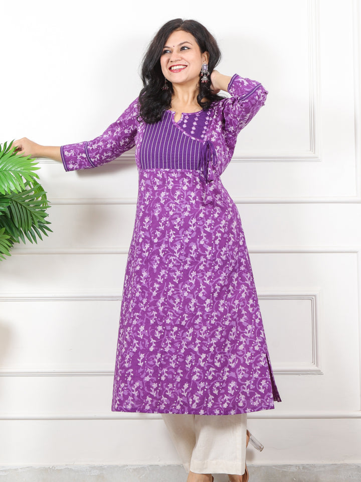 Mannat Velvet Purple Stipe Yock Patch Dabu Printed Angrakha Cotton Kurti