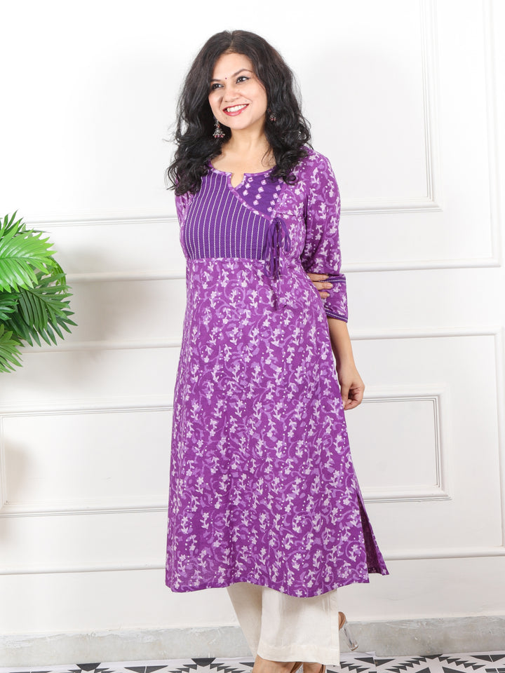 Mannat Velvet Purple Stipe Yock Patch Dabu Printed Angrakha Cotton Kurti