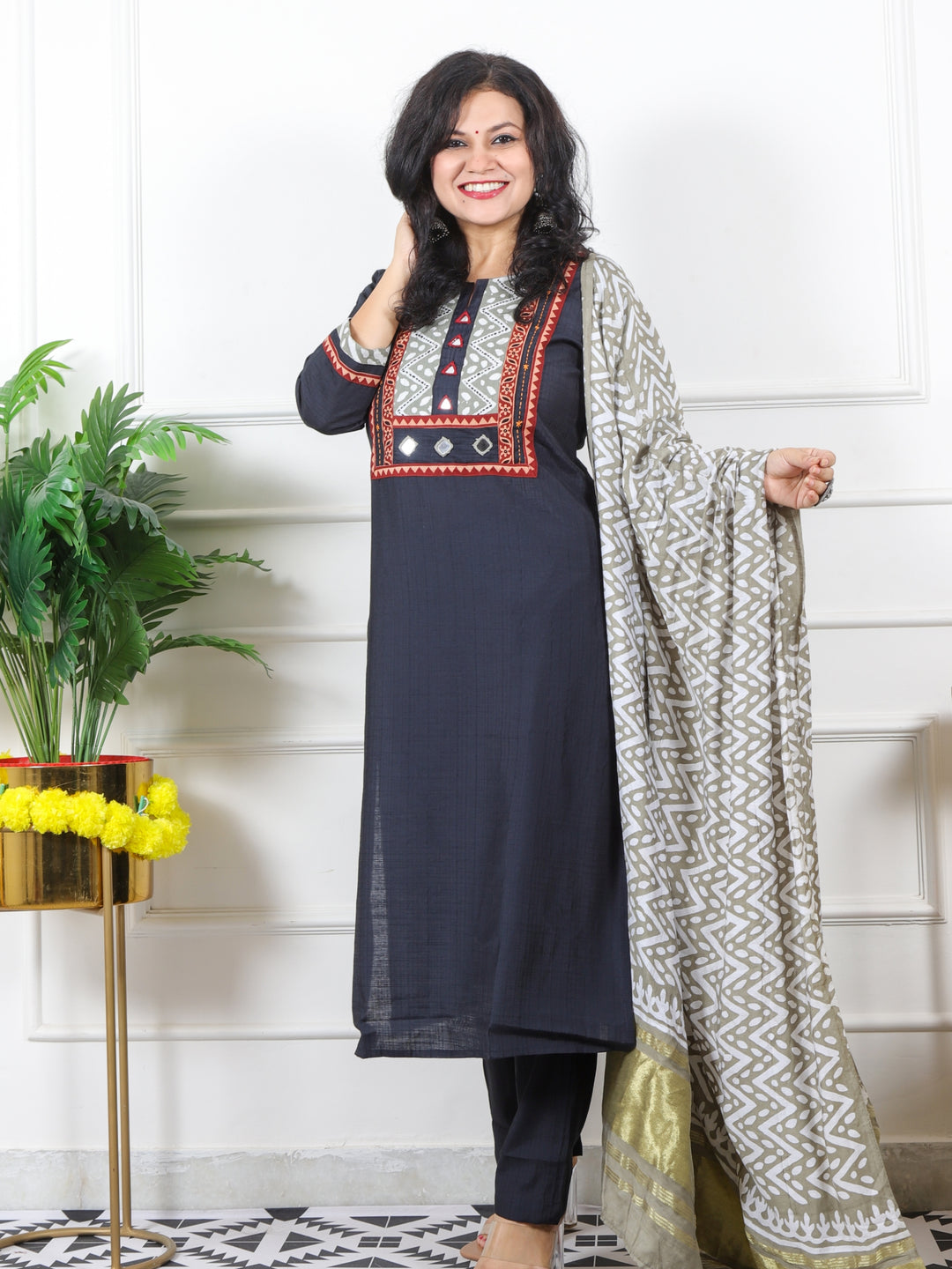 Raanjhaan Ebony Black Kutch Neck with Mirror Work Cotton 3 Piece Set