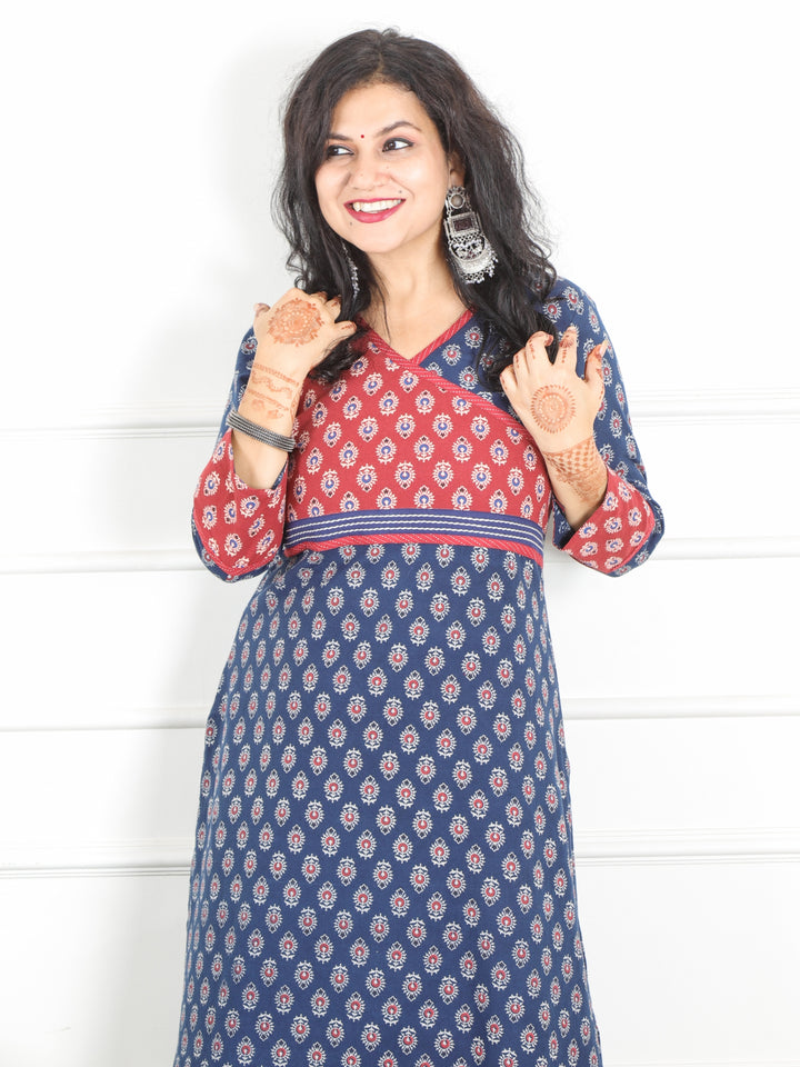 Naari Arizona Blue Angrakha Neck Yock with Printed Cotton Kurti