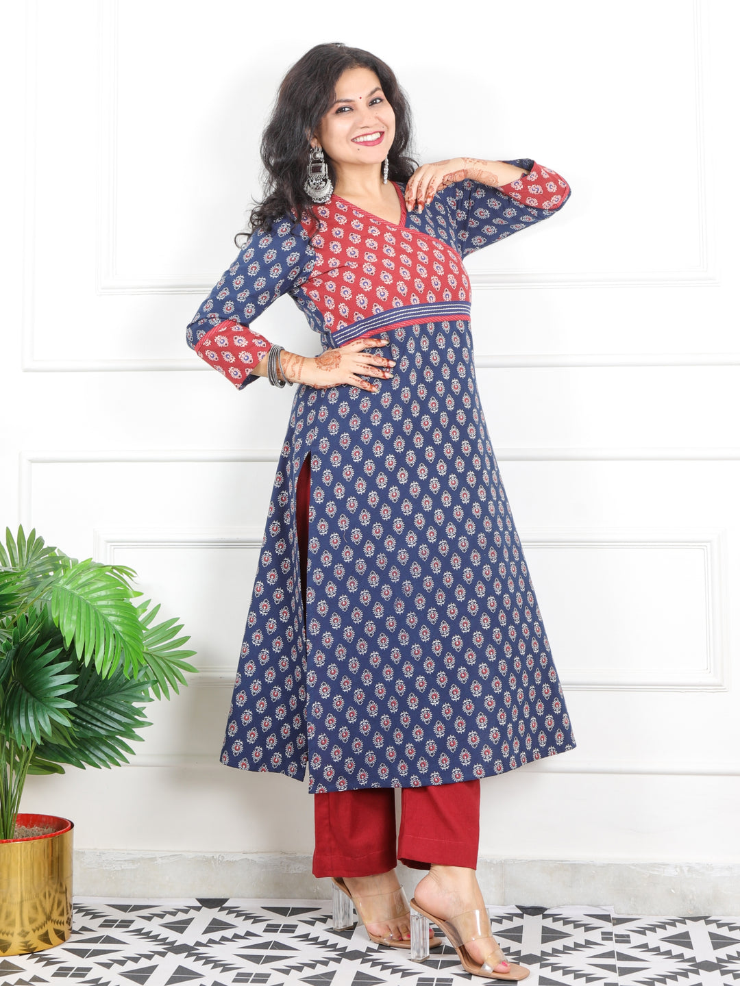 Naari Arizona Blue Angrakha Neck Yock with Printed Cotton Kurti