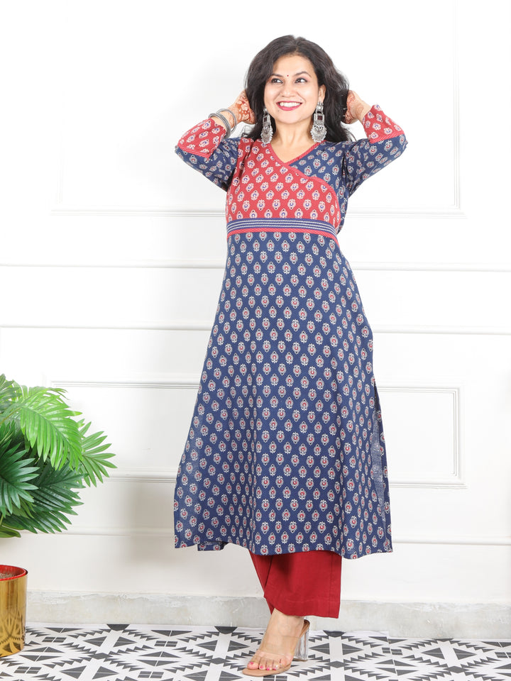 Naari Arizona Blue Angrakha Neck Yock with Printed Cotton Kurti