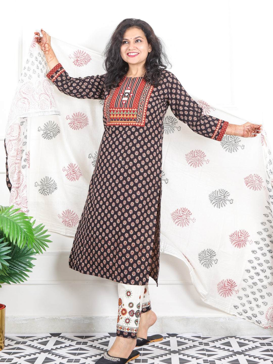 Chaahat Dark Black Kutch Mirror Neck Work Print Cotton 3 Piece Set-D6