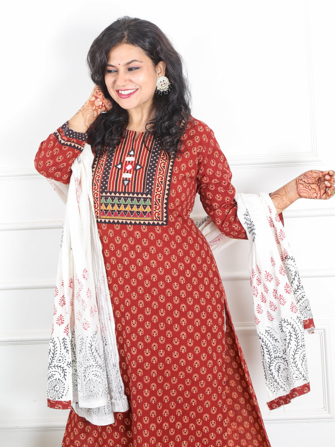 Chaahat Barn Red Kutch Mirror Neck Work Print Cotton 3 Piece Set-D9