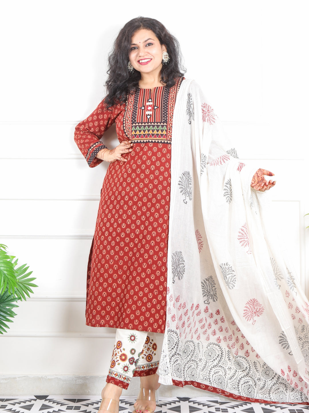 Chaahat Barn Red Kutch Mirror Neck Work Print Cotton 3 Piece Set-D9