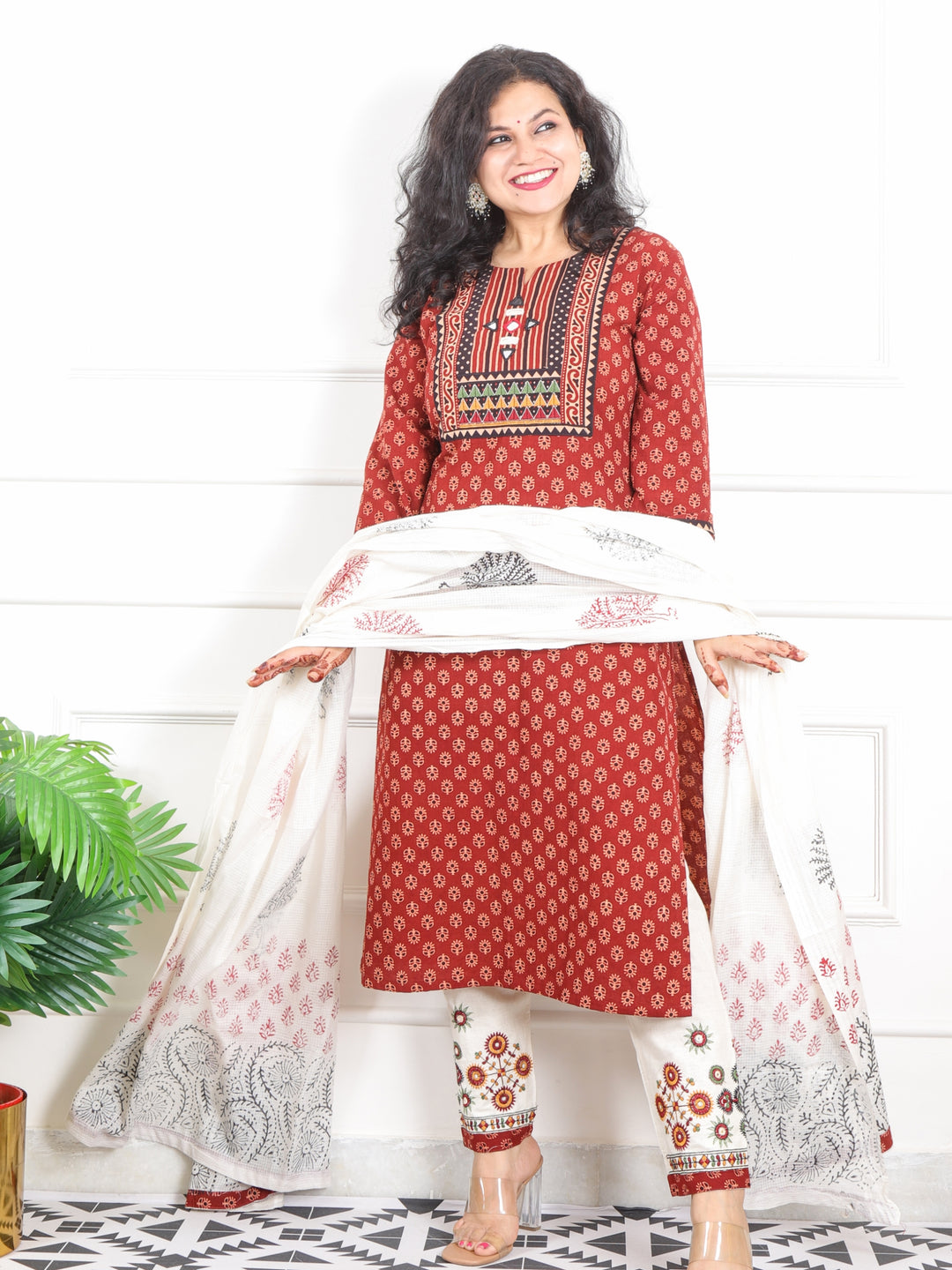 Chaahat Barn Red Kutch Mirror Neck Work Print Cotton 3 Piece Set-D9