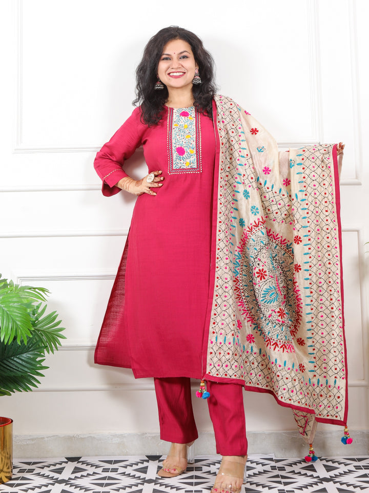 Kahish Bright Pink Phulkari Patch Neck Work Modal 3 Piece Set