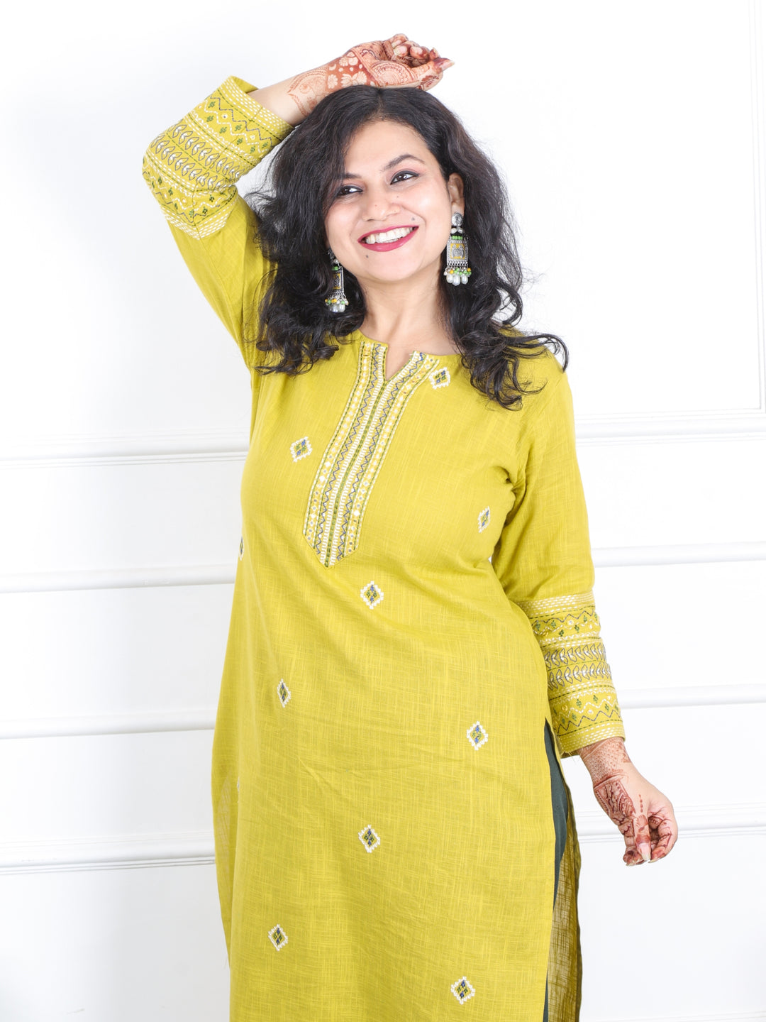 Kashish Corn Yellow Thread Work with Patra Detailing Cotton Kurti