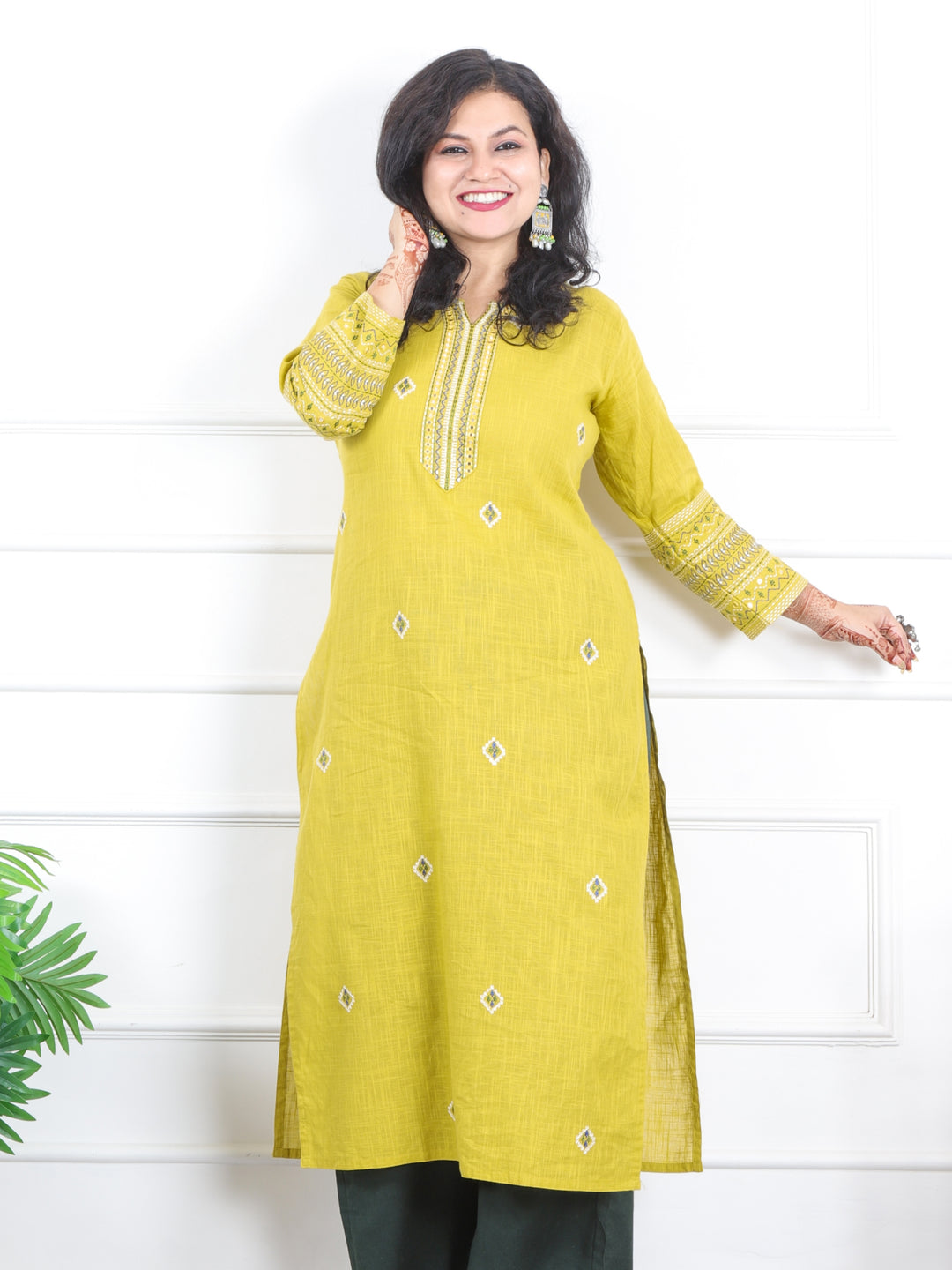 Kashish Corn Yellow Thread Work with Patra Detailing Cotton Kurti