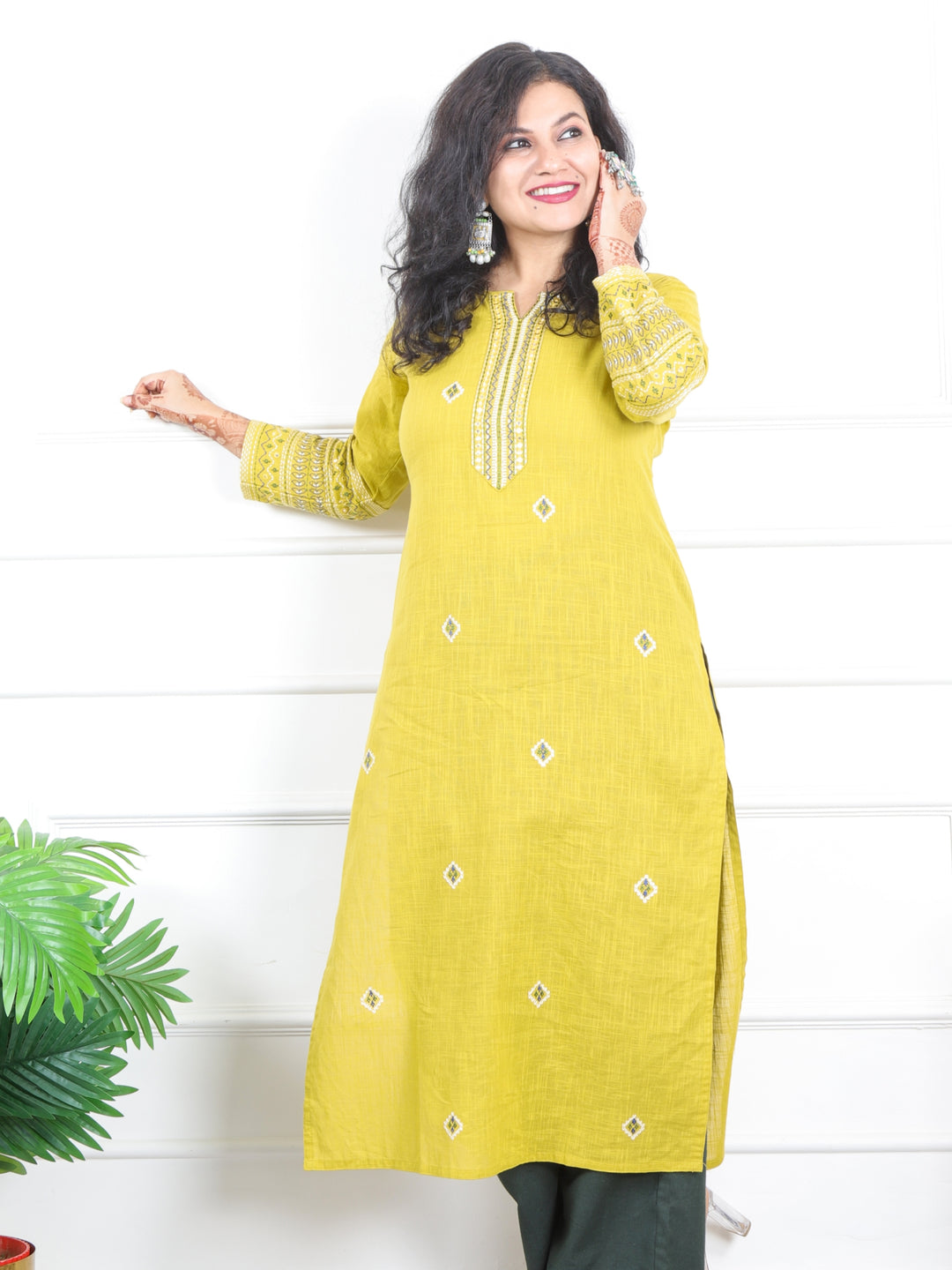 Kashish Corn Yellow Thread Work with Patra Detailing Cotton Kurti