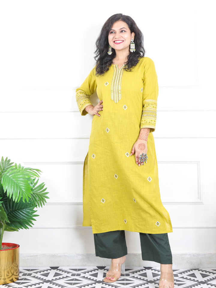 Kashish Corn Yellow Thread Work with Patra Detailing Cotton Kurti