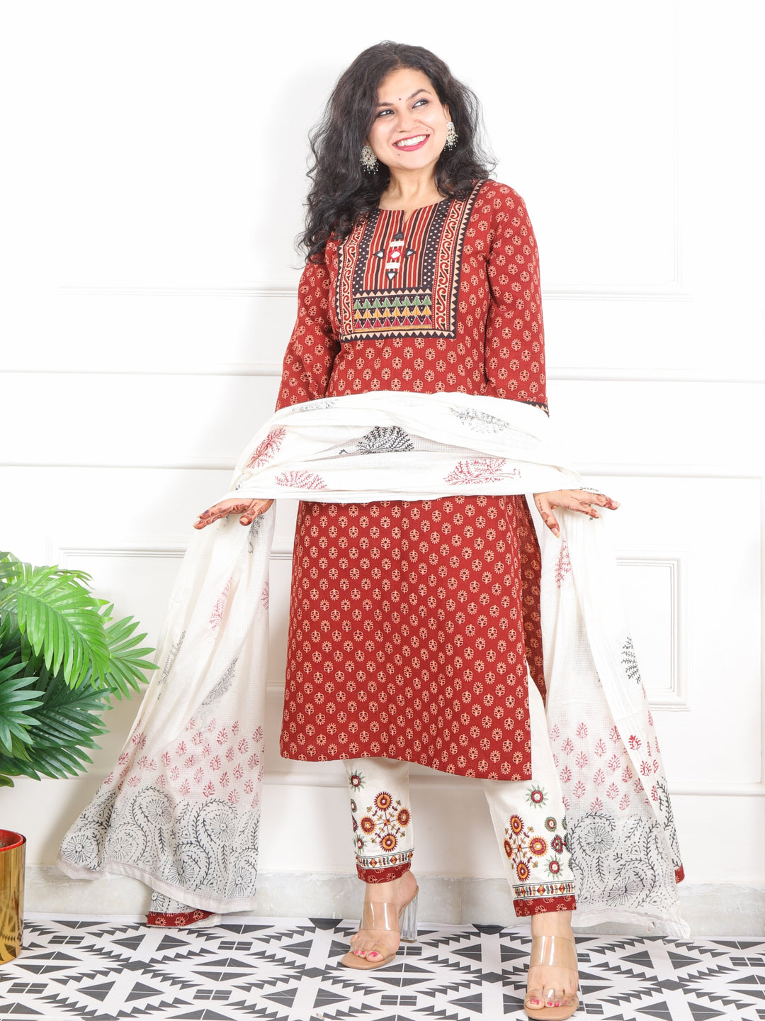 Chaahat Barn Red Kutch Mirror Neck Work Print Cotton 3 Piece Set-D9