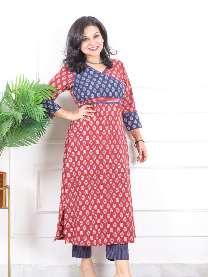 Naari Apple Red Angrakha Neck Yock with Printed Cotton Kurti