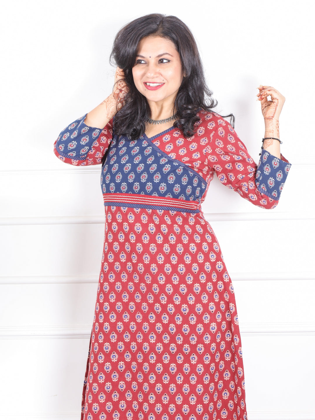 Naari Apple Red Angrakha Neck Yock with Printed Cotton Kurti