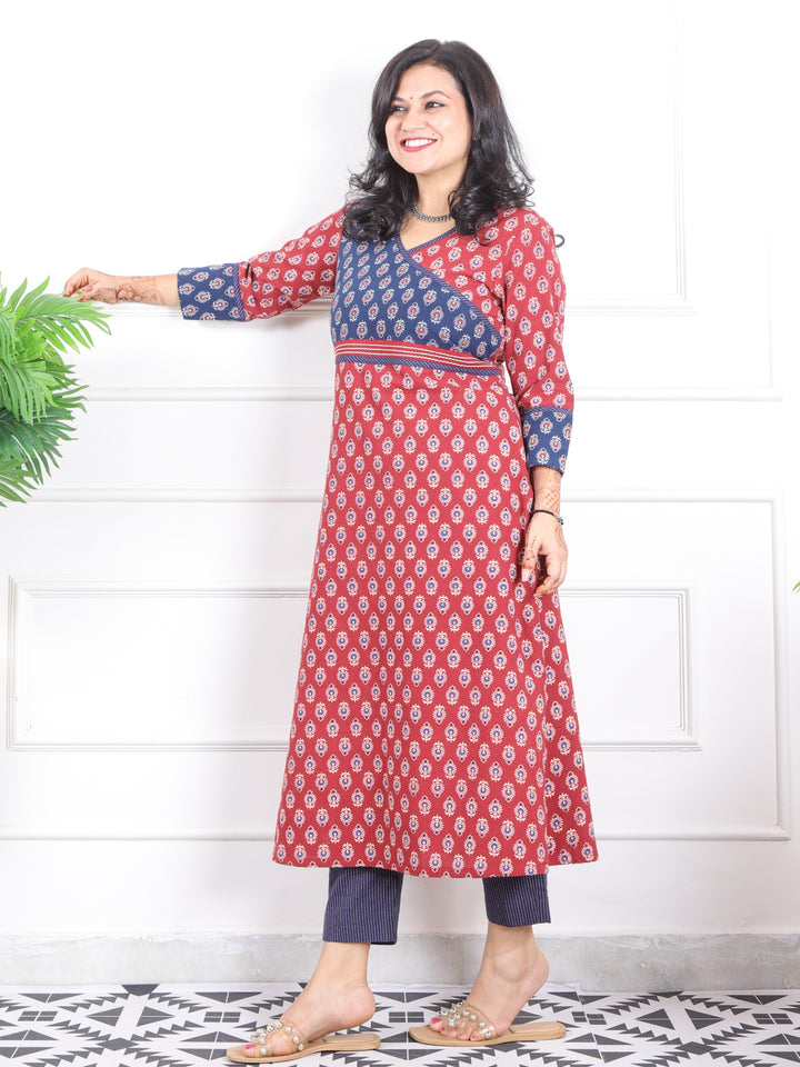 Naari Apple Red Angrakha Neck Yock with Printed Cotton Kurti