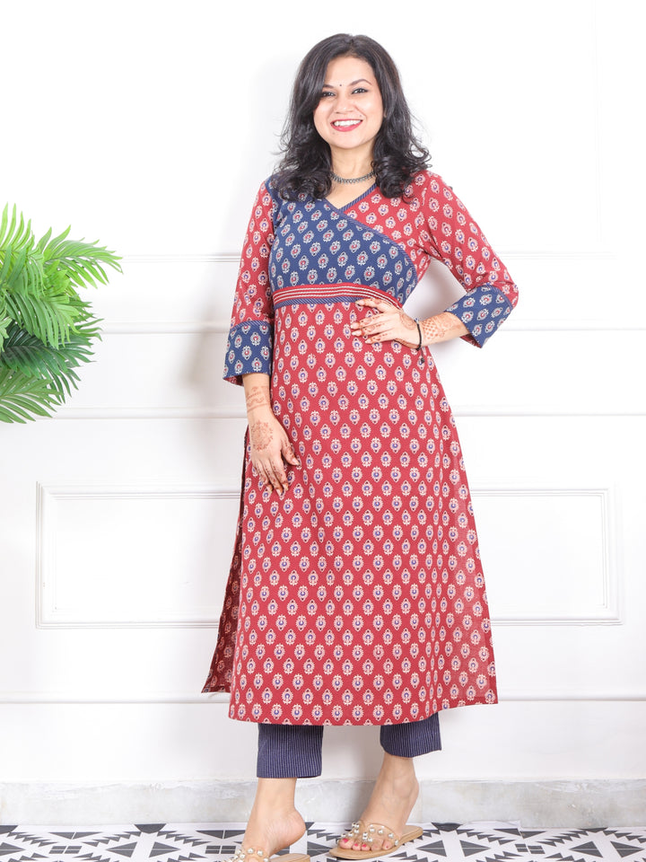 Naari Apple Red Angrakha Neck Yock with Printed Cotton Kurti