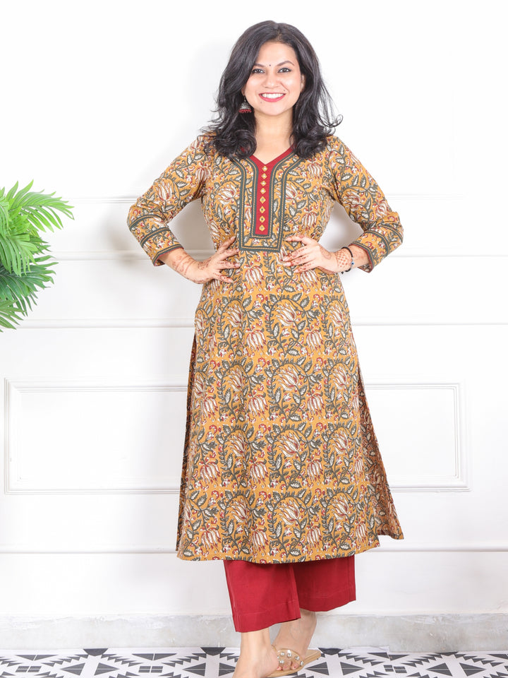 Rooh Mustard Yellow Kalamkari Printed with Mirror Neck Cotton Kurti