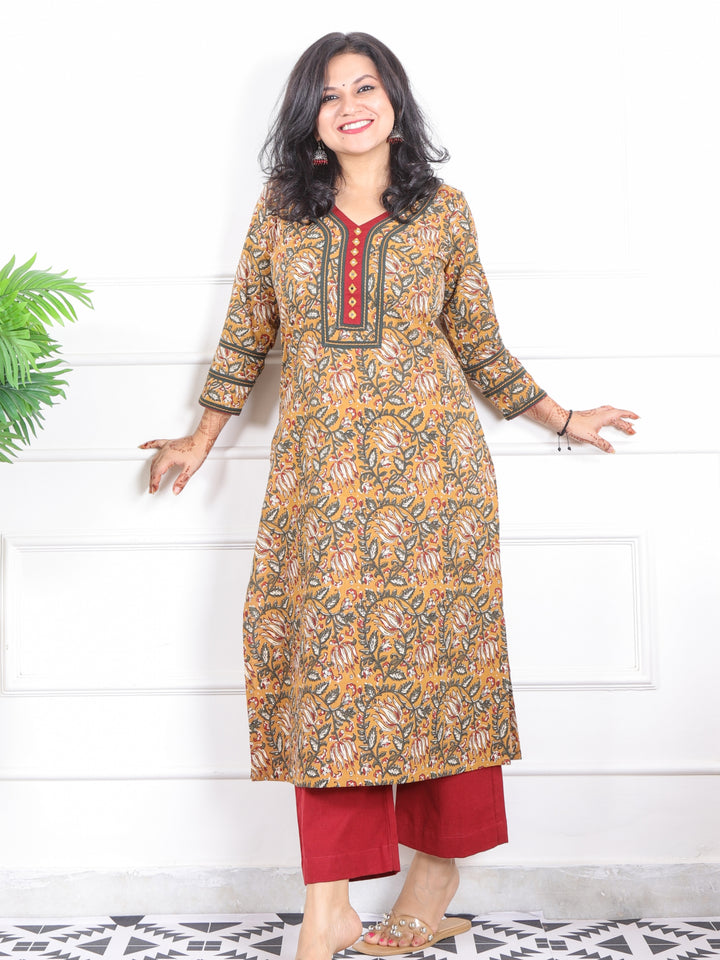 Rooh Mustard Yellow Kalamkari Printed with Mirror Neck Cotton Kurti