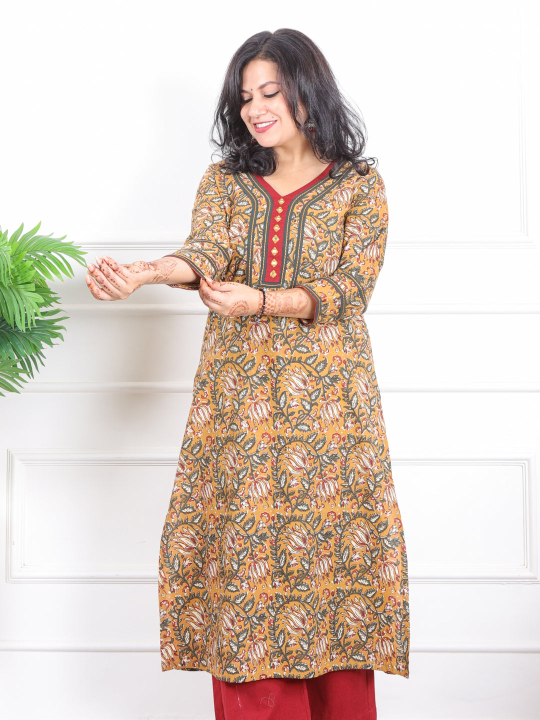 Rooh Mustard Yellow Kalamkari Printed with Mirror Neck Cotton Kurti