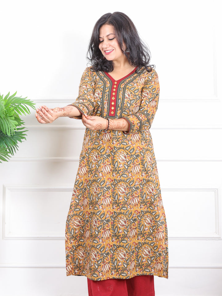 Rooh Mustard Yellow Kalamkari Printed with Mirror Neck Cotton Kurti