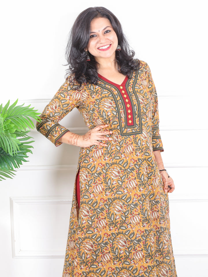 Rooh Mustard Yellow Kalamkari Printed with Mirror Neck Cotton Kurti