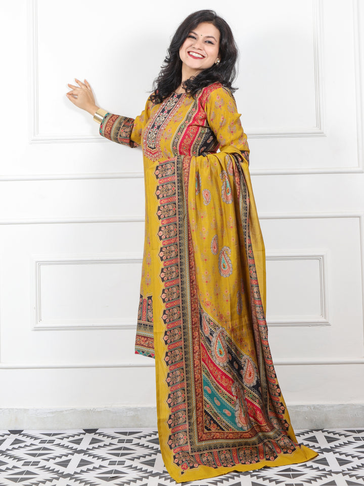 Dilruba Dijon Yellow kardana Work Neck Printed Muslin Modal Suit Set