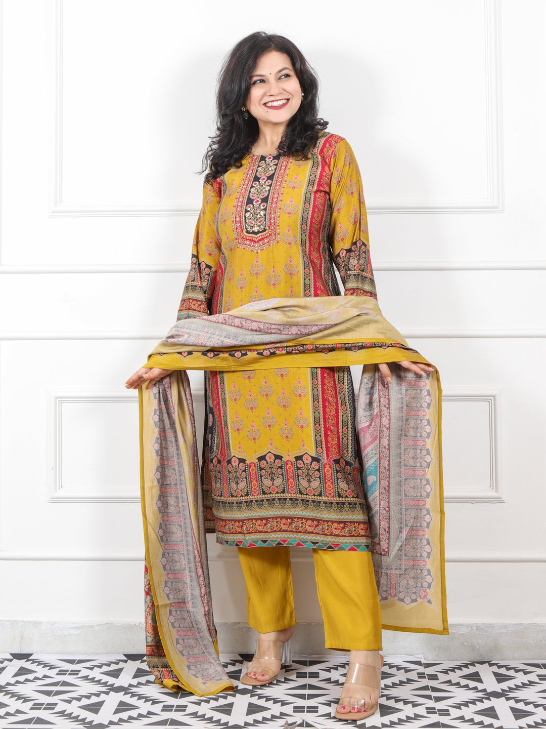 Dilruba Dijon Yellow kardana Work Neck Printed Muslin Modal Suit Set