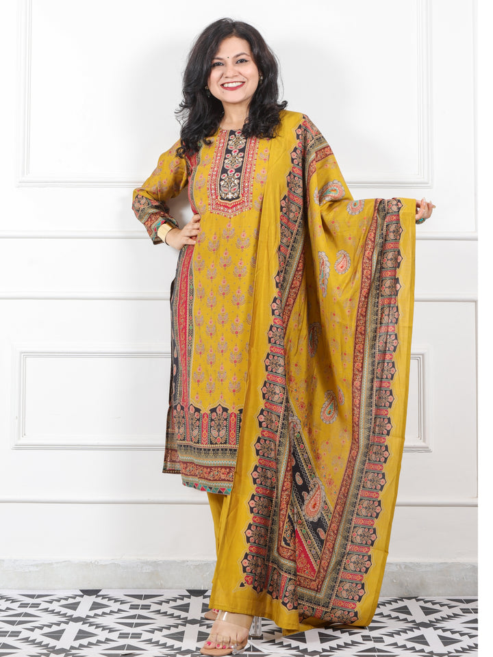 Dilruba Dijon Yellow kardana Work Neck Printed Muslin Modal Suit Set