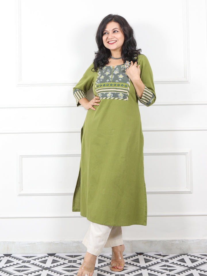 Sareen Cool Green Dabu Neck Patch Work Cotton Flex Kurti