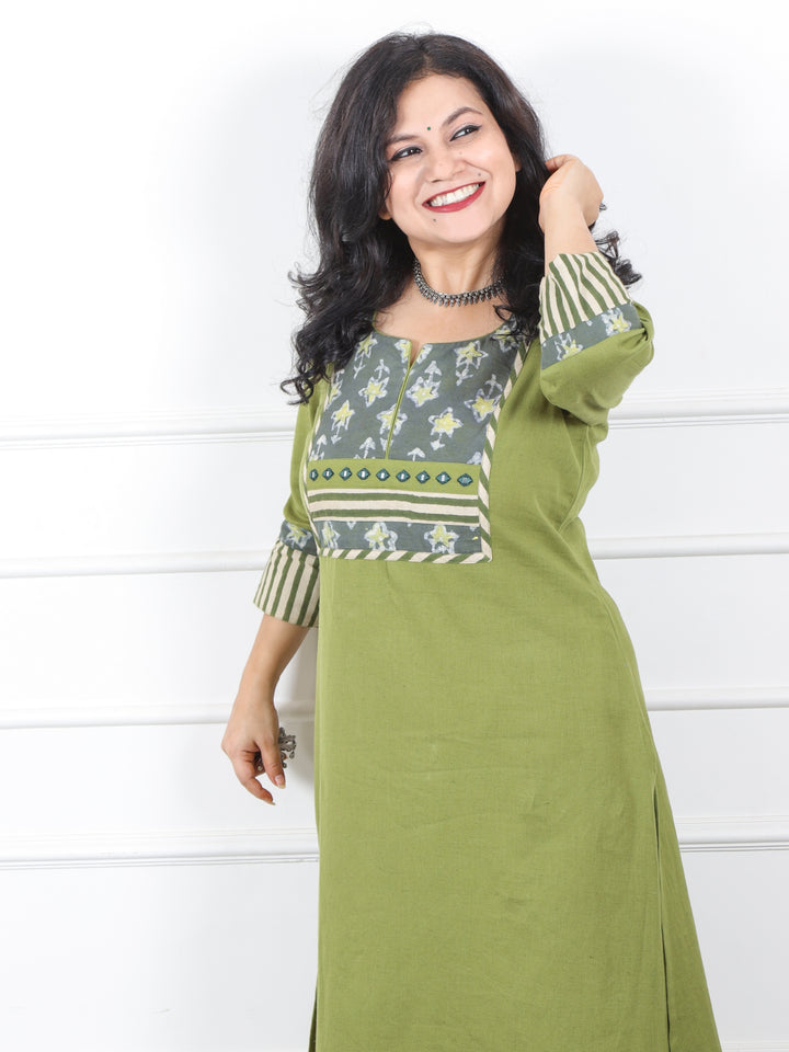 Sareen Cool Green Dabu Neck Patch Work Cotton Flex Kurti