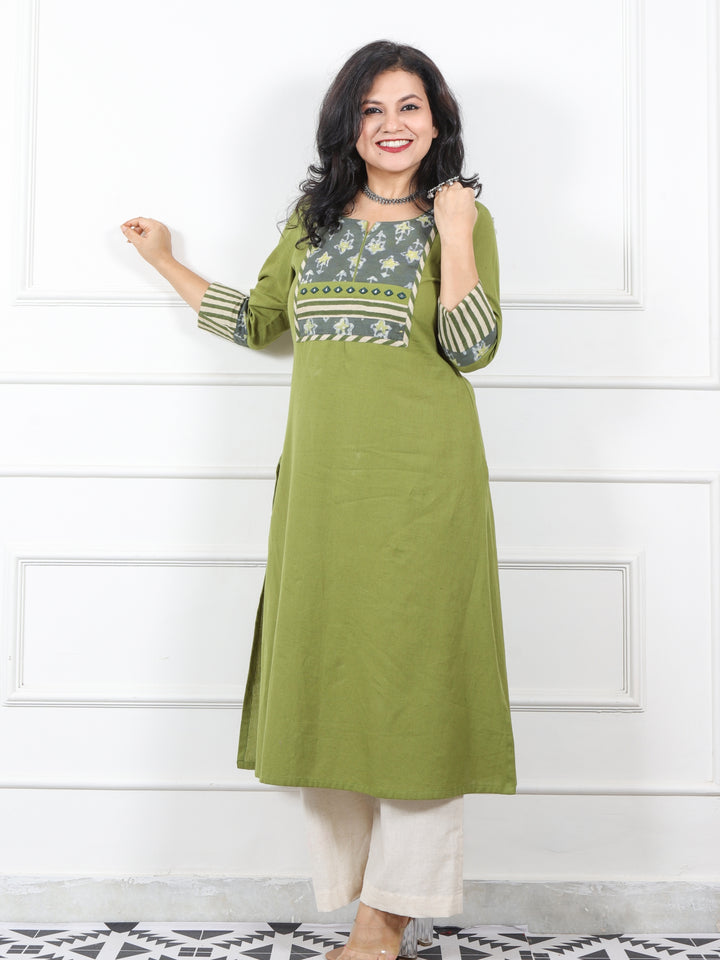 Sareen Cool Green Dabu Neck Patch Work Cotton Flex Kurti