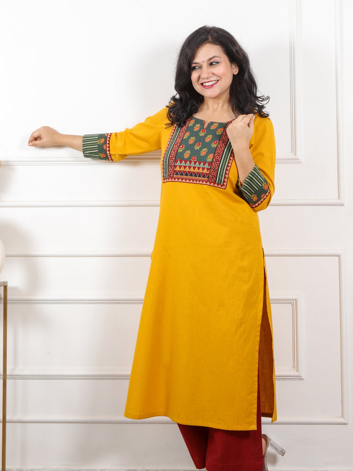 Naari Bright Yellow Fusion Kutch Neck Patch Work Cotton Flex Kurti-D3