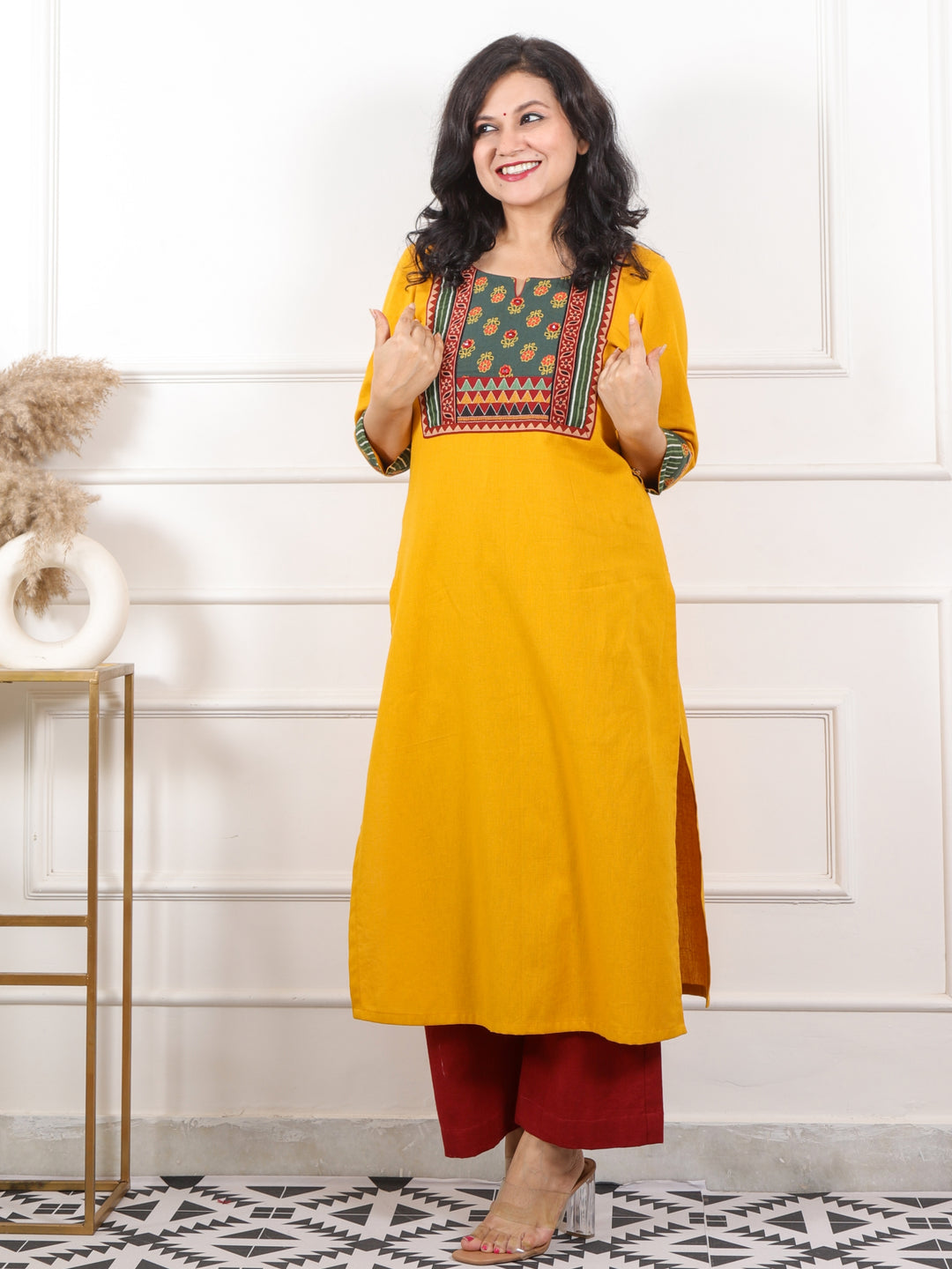 Naari Bright Yellow Fusion Kutch Neck Patch Work Cotton Flex Kurti-D3