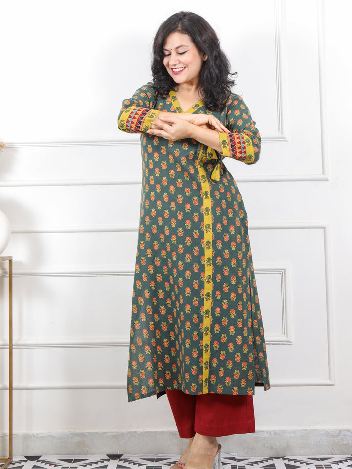 Naari Sacramento Green Kutch Fusion Work Angrakha Style Cotton Kurti-D2