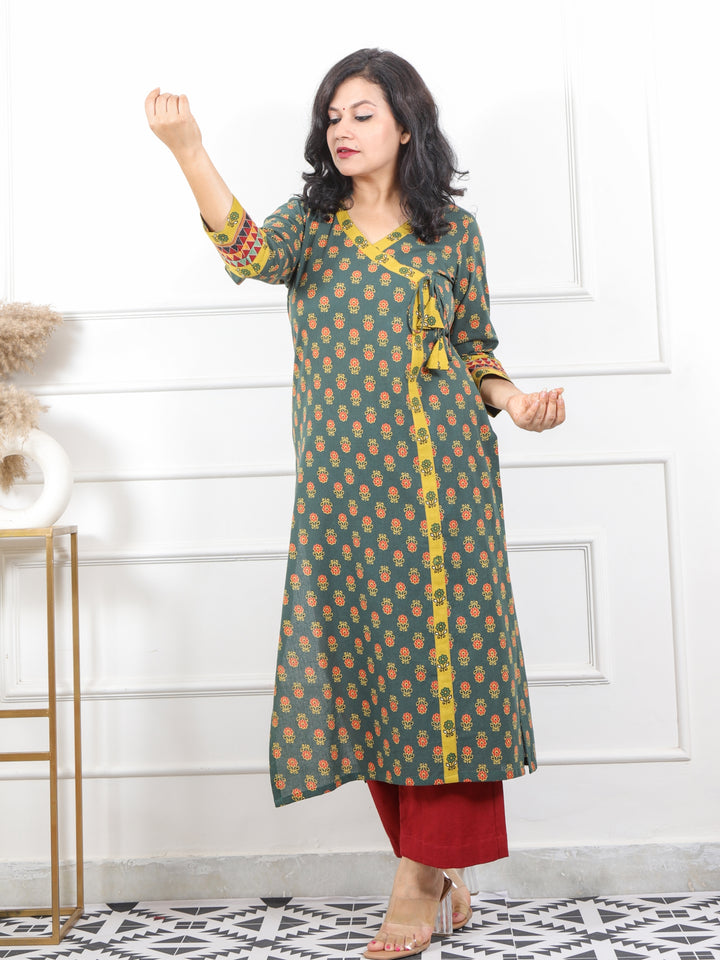 Naari Sacramento Green Kutch Fusion Work Angrakha Style Cotton Kurti-D2