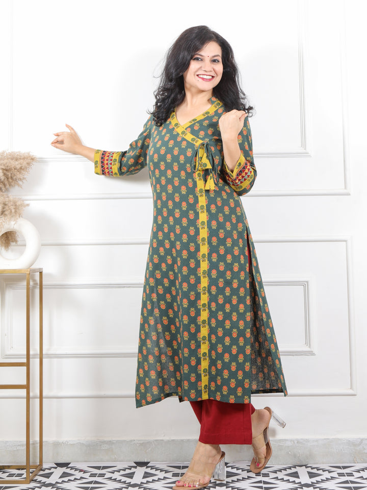 Naari Sacramento Green Kutch Fusion Work Angrakha Style Cotton Kurti-D2