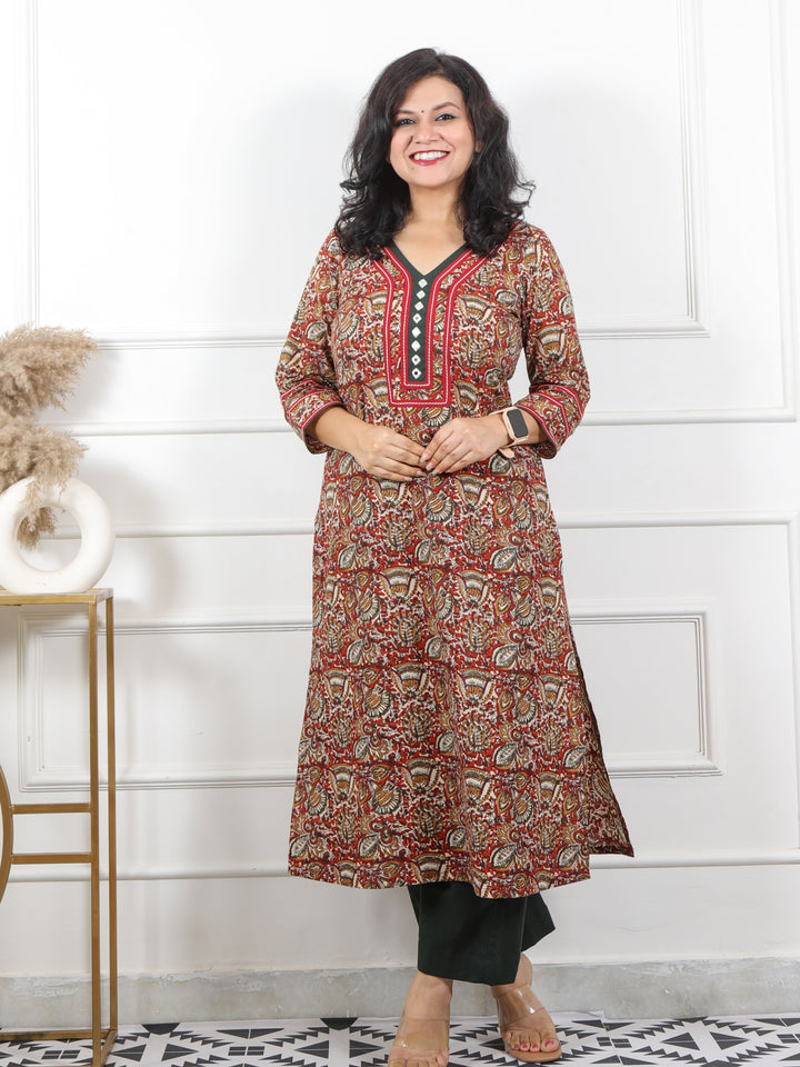 Rooh Raddish Maroon Kalamkari Printed with Mirror Neck Cotton Kurti