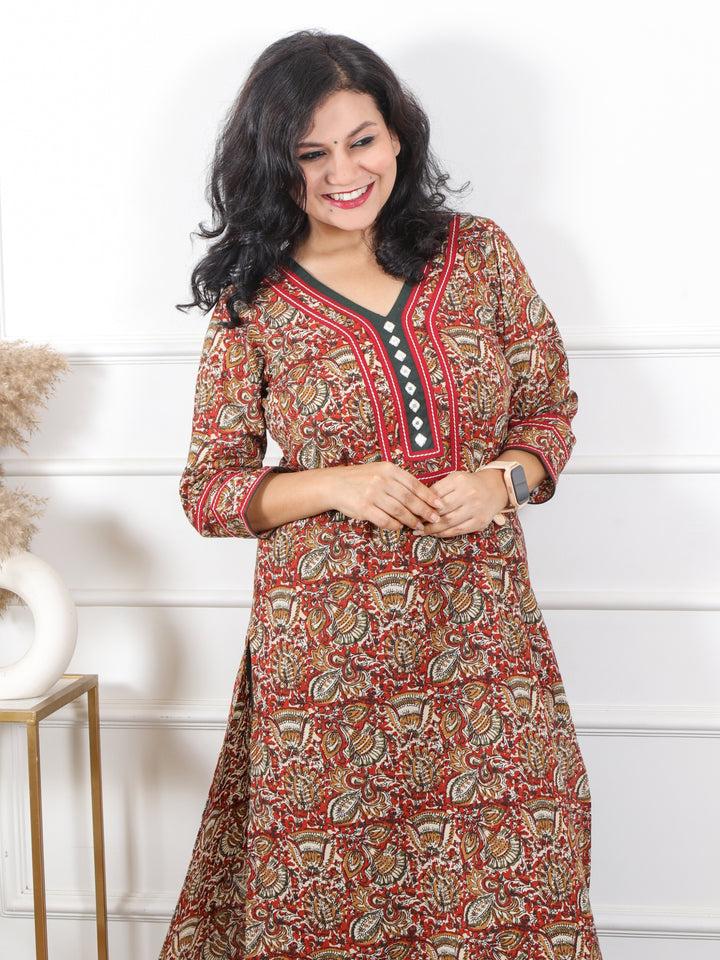 Rooh Raddish Maroon Kalamkari Printed with Mirror Neck Cotton Kurti