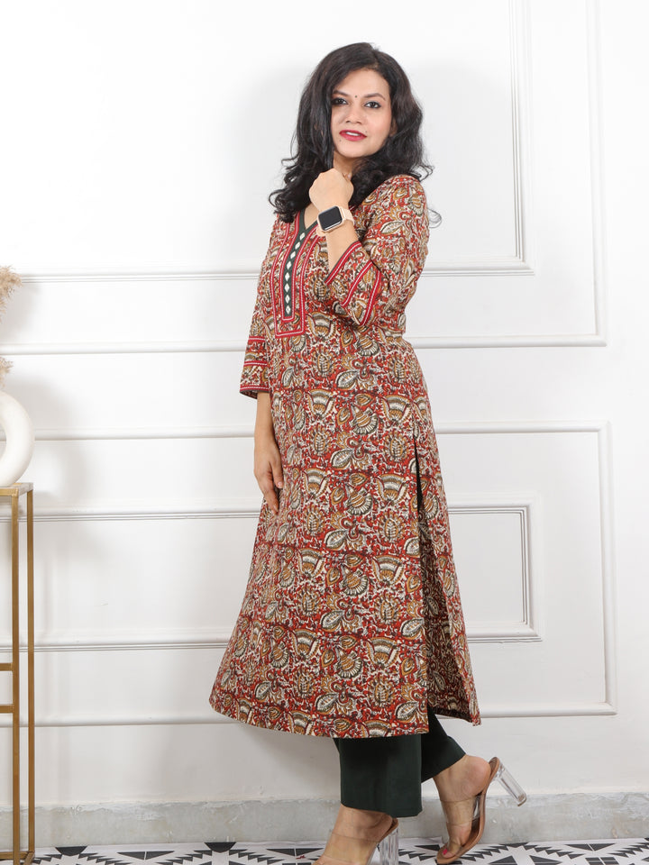 Rooh Raddish Maroon Kalamkari Printed with Mirror Neck Cotton Kurti