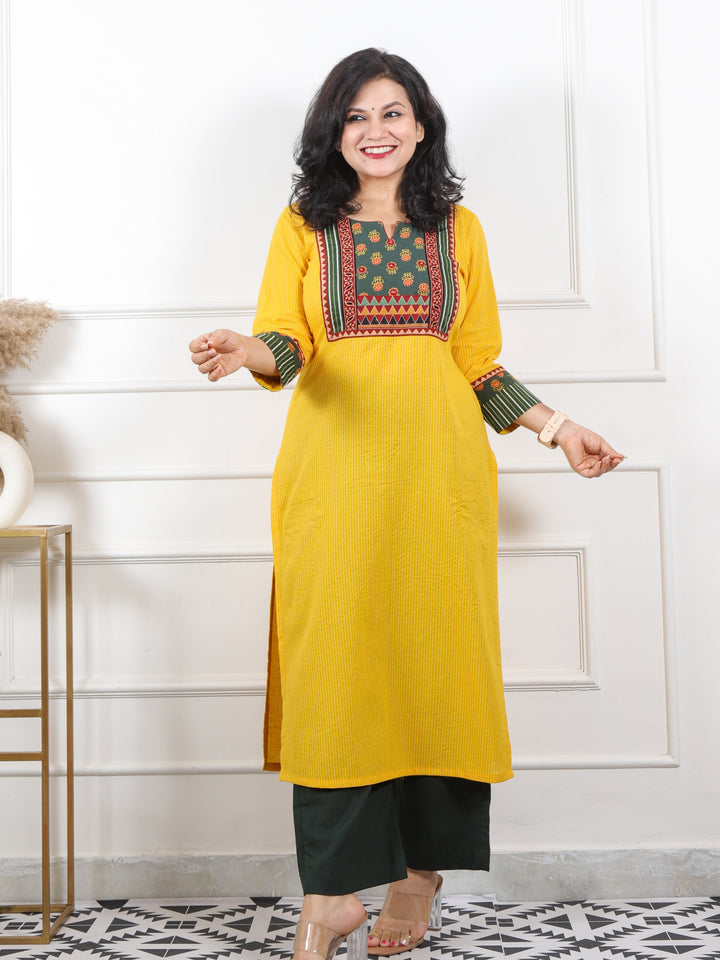 Rubiya Yellow with Green Ajrak Printed Patch Kantha Cotton Kurti-D4