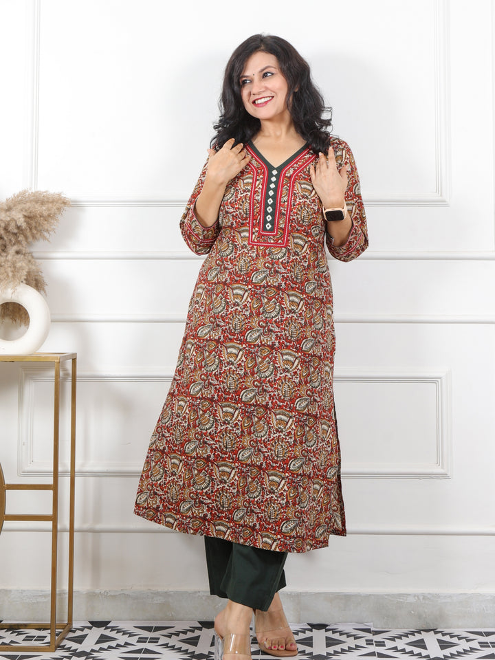 Rooh Raddish Maroon Kalamkari Printed with Mirror Neck Cotton Kurti