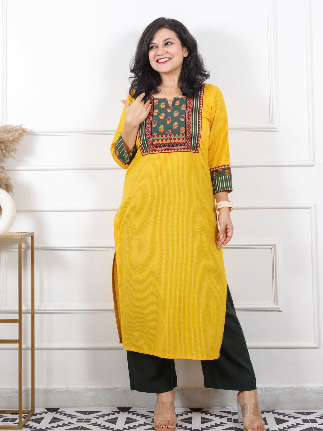 Rubiya Yellow with Green Ajrak Printed Patch Kantha Cotton Kurti-D4